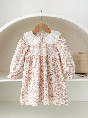 Girls Lace Collar Floral Long Sleeve Knee-Length Casual Dress, Young Lady Style, Spring/Summer