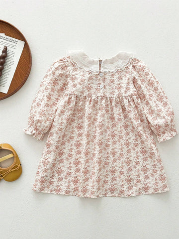 Girls Lace Collar Floral Long Sleeve Knee-Length Casual Dress, Young Lady Style, Spring/Summer
