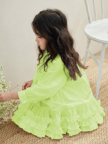 Girls Lace Pleated Shirt Dress, White Long Sleeve A-Line Ruffled Hem, Autumn New Arrivals
