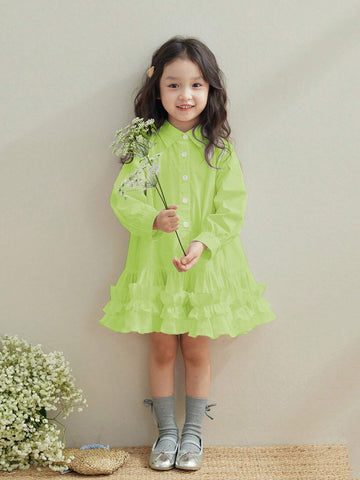 Girls Lace Pleated Shirt Dress, White Long Sleeve A-Line Ruffled Hem, Autumn New Arrivals