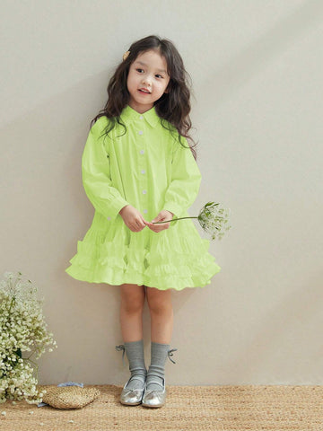 Girls Lace Pleated Shirt Dress, White Long Sleeve A-Line Ruffled Hem, Autumn New Arrivals