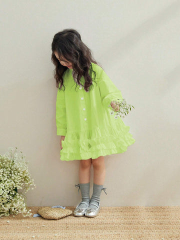 Girls Lace Pleated Shirt Dress, White Long Sleeve A-Line Ruffled Hem, Autumn New Arrivals