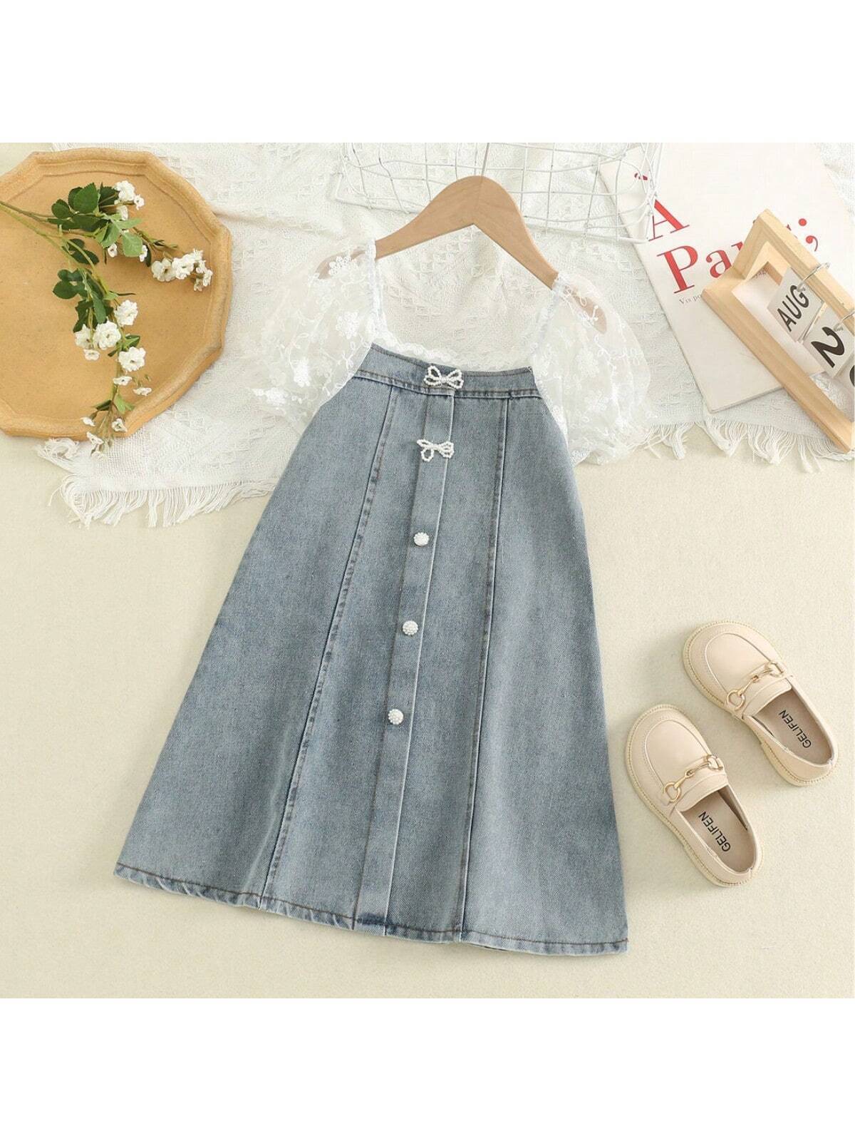 Girls Lace Puff Sleeve Buttoned Splice Princess Dress, Summer