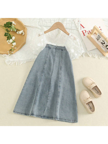 Girls Lace Puff Sleeve Buttoned Splice Princess Dress, Summer