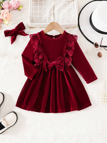 Girls Lace Trim Bow Decor Princess Dress