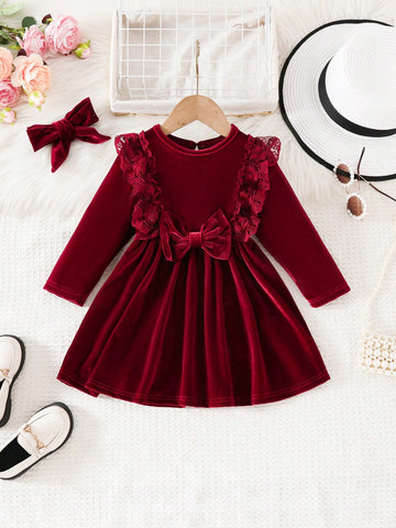 Girls Lace Trim Bow Decor Princess Dress