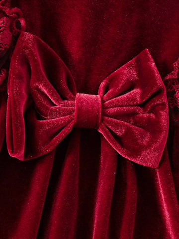 Girls Lace Trim Bow Decor Princess Dress
