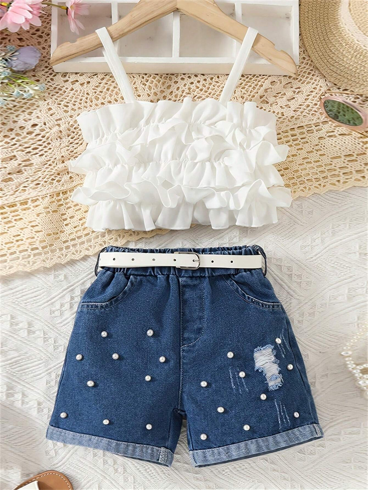 Girls' Lace Trimmed Tank Top & Denim Shorts Set