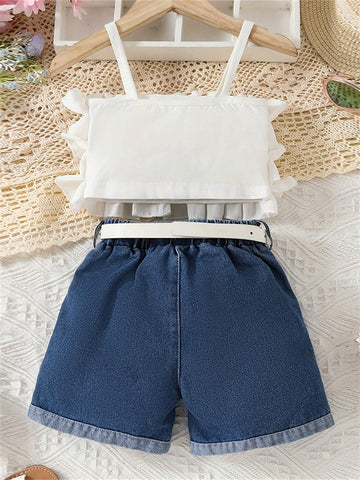Girls' Lace Trimmed Tank Top & Denim Shorts Set
