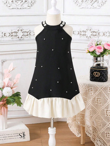 Girls' Ladylike And Gentle Black Dress With Irregular Hem And Beaded Neckline