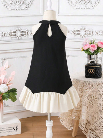 Girls' Ladylike And Gentle Black Dress With Irregular Hem And Beaded Neckline