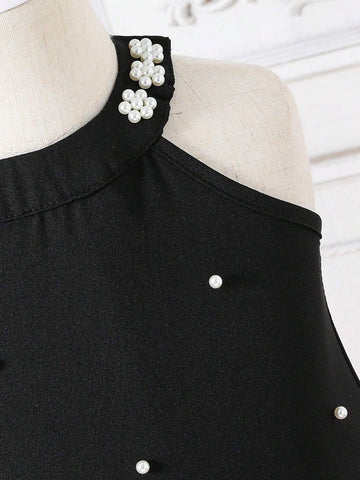 Girls' Ladylike And Gentle Black Dress With Irregular Hem And Beaded Neckline