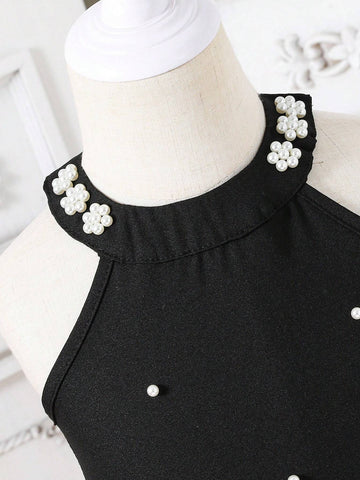 Girls' Ladylike And Gentle Black Dress With Irregular Hem And Beaded Neckline