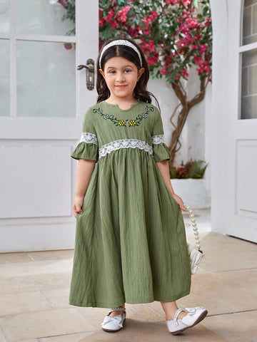 Girls' Ladylike Round Neck Short Sleeve Floral Embroidery Textured Dress, Summer