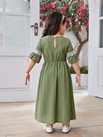 Girls' Ladylike Round Neck Short Sleeve Floral Embroidery Textured Dress, Summer