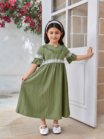 Girls' Ladylike Round Neck Short Sleeve Floral Embroidery Textured Dress, Summer