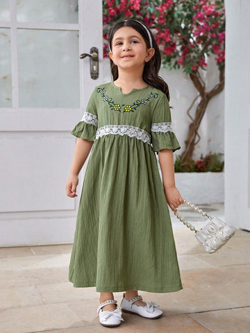 Girls' Ladylike Round Neck Short Sleeve Floral Embroidery Textured Dress, Summer