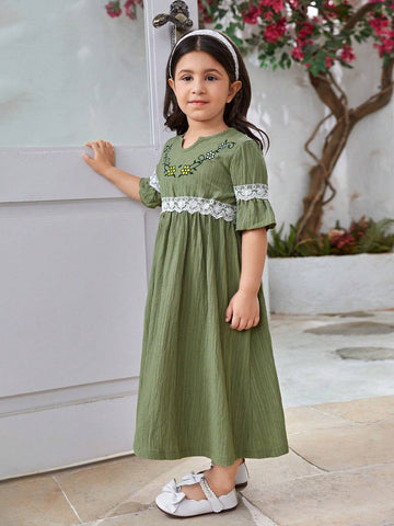 Girls' Ladylike Round Neck Short Sleeve Floral Embroidery Textured Dress, Summer