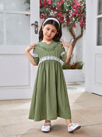 Girls' Ladylike Round Neck Short Sleeve Floral Embroidery Textured Dress, Summer