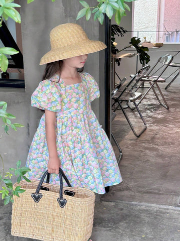 Girls" Lantern Short Sleeve Thin Floral Casual Dress, Spring/Summer