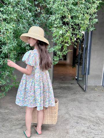 Girls" Lantern Short Sleeve Thin Floral Casual Dress, Spring/Summer