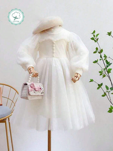 Girls Lantern Sleeve Mesh Patchwork Round Neck Puff Princess Dress, Korean Style