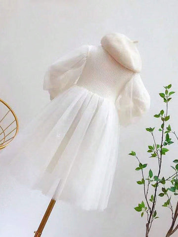Girls Lantern Sleeve Mesh Patchwork Round Neck Puff Princess Dress, Korean Style