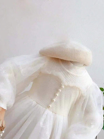 Girls Lantern Sleeve Mesh Patchwork Round Neck Puff Princess Dress, Korean Style