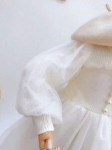 Girls Lantern Sleeve Mesh Patchwork Round Neck Puff Princess Dress, Korean Style