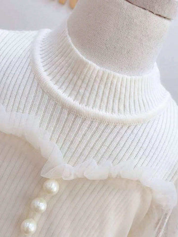 Girls Lantern Sleeve Mesh Patchwork Round Neck Puff Princess Dress, Korean Style