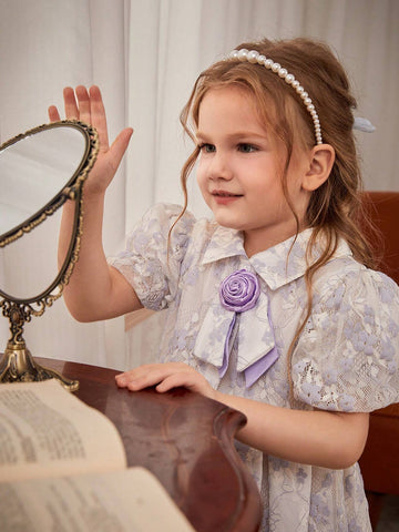 Girls' Lavish Sweet Purple Lace Puff Sleeve Princess Style Dress With Flower On Chest, Bowknot, Purple Buttons And Pleats, Suitable For Parties, Banquets, Performances, Weddings