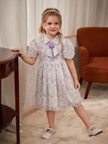 Girls' Lavish Sweet Purple Lace Puff Sleeve Princess Style Dress With Flower On Chest, Bowknot, Purple Buttons And Pleats, Suitable For Parties, Banquets, Performances, Weddings