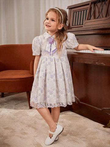 Girls' Lavish Sweet Purple Lace Puff Sleeve Princess Style Dress With Flower On Chest, Bowknot, Purple Buttons And Pleats, Suitable For Parties, Banquets, Performances, Weddings