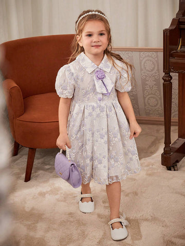 Girls' Lavish Sweet Purple Lace Puff Sleeve Princess Style Dress With Flower On Chest, Bowknot, Purple Buttons And Pleats, Suitable For Parties, Banquets, Performances, Weddings