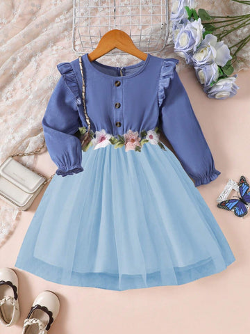 Girls Leisure Fashion Faux Denim Detachable Collar Cap Sleeve Ruffle Hem Back Buttoned Elastic Cuff Embroidered Lace Mesh Long Dress, Gift For Vacation Party