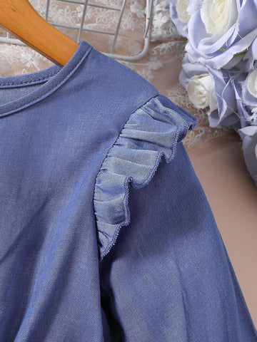 Girls Leisure Fashion Faux Denim Detachable Collar Cap Sleeve Ruffle Hem Back Buttoned Elastic Cuff Embroidered Lace Mesh Long Dress, Gift For Vacation Party