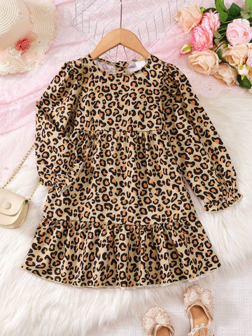 Girls' Leopard Digital Print Dress Casual Half Cardigan Single-Breasted Long Sleeve Patchwork Long Dress, Suitable For Party, Travel, Outing