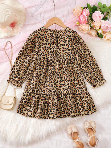 Girls' Leopard Digital Print Dress Casual Half Cardigan Single-Breasted Long Sleeve Patchwork Long Dress, Suitable For Party, Travel, Outing