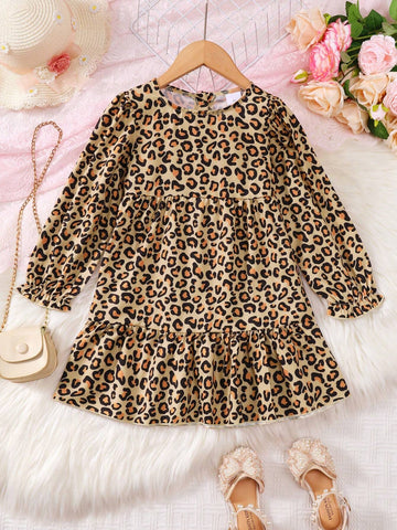 Girls' Leopard Digital Print Dress Casual Half Cardigan Single-Breasted Long Sleeve Patchwork Long Dress, Suitable For Party, Travel, Outing