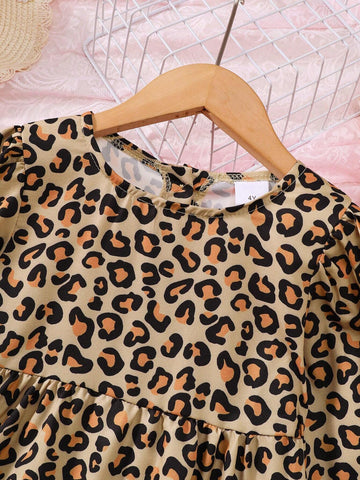 Girls' Leopard Digital Print Dress Casual Half Cardigan Single-Breasted Long Sleeve Patchwork Long Dress, Suitable For Party, Travel, Outing
