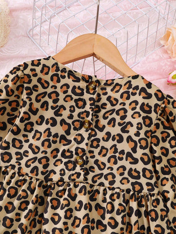 Girls' Leopard Digital Print Dress Casual Half Cardigan Single-Breasted Long Sleeve Patchwork Long Dress, Suitable For Party, Travel, Outing
