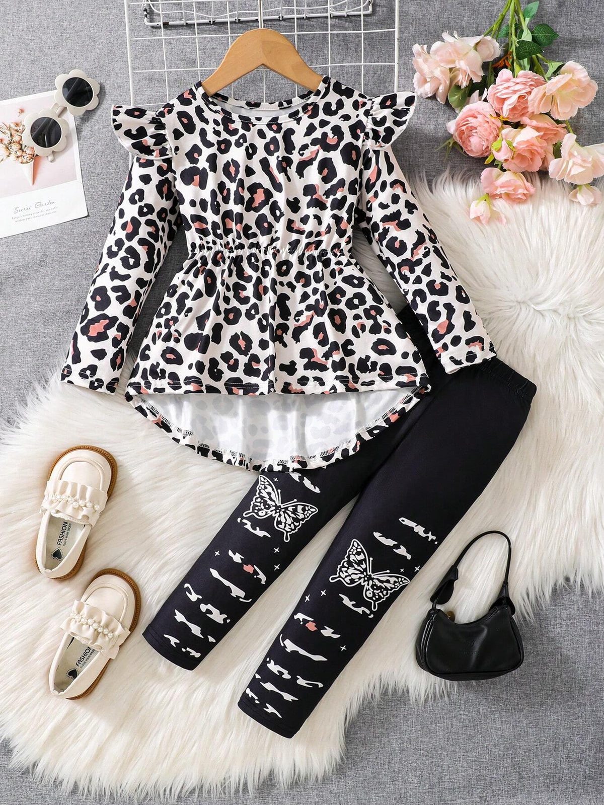 Girls Leopard Print Asymmetrical Hem Long Sleeve Top + Cute Butterfly Print Leggings Set