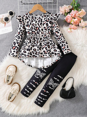 Girls Leopard Print Asymmetrical Hem Long Sleeve Top + Cute Butterfly Print Leggings Set