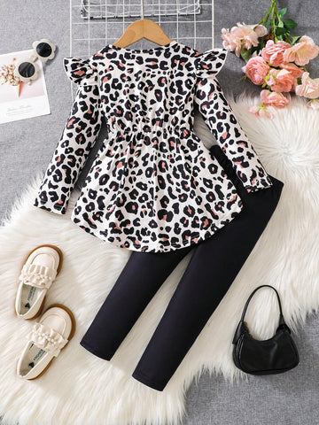 Girls Leopard Print Asymmetrical Hem Long Sleeve Top + Cute Butterfly Print Leggings Set