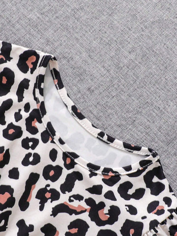 Girls Leopard Print Asymmetrical Hem Long Sleeve Top + Cute Butterfly Print Leggings Set