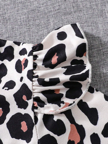 Girls Leopard Print Asymmetrical Hem Long Sleeve Top + Cute Butterfly Print Leggings Set