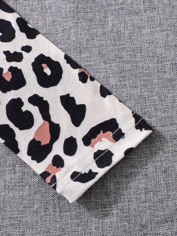 Girls Leopard Print Asymmetrical Hem Long Sleeve Top + Cute Butterfly Print Leggings Set