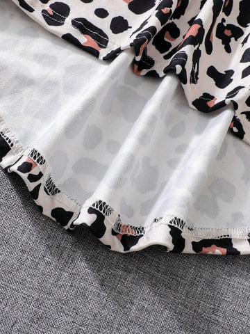 Girls Leopard Print Asymmetrical Hem Long Sleeve Top + Cute Butterfly Print Leggings Set