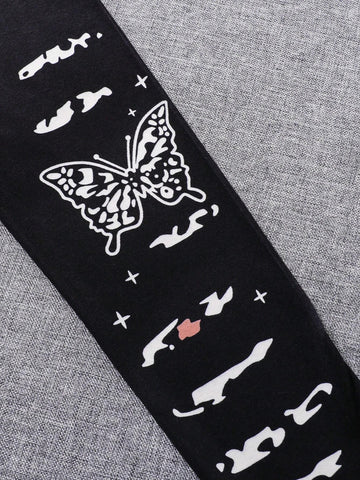 Girls Leopard Print Asymmetrical Hem Long Sleeve Top + Cute Butterfly Print Leggings Set