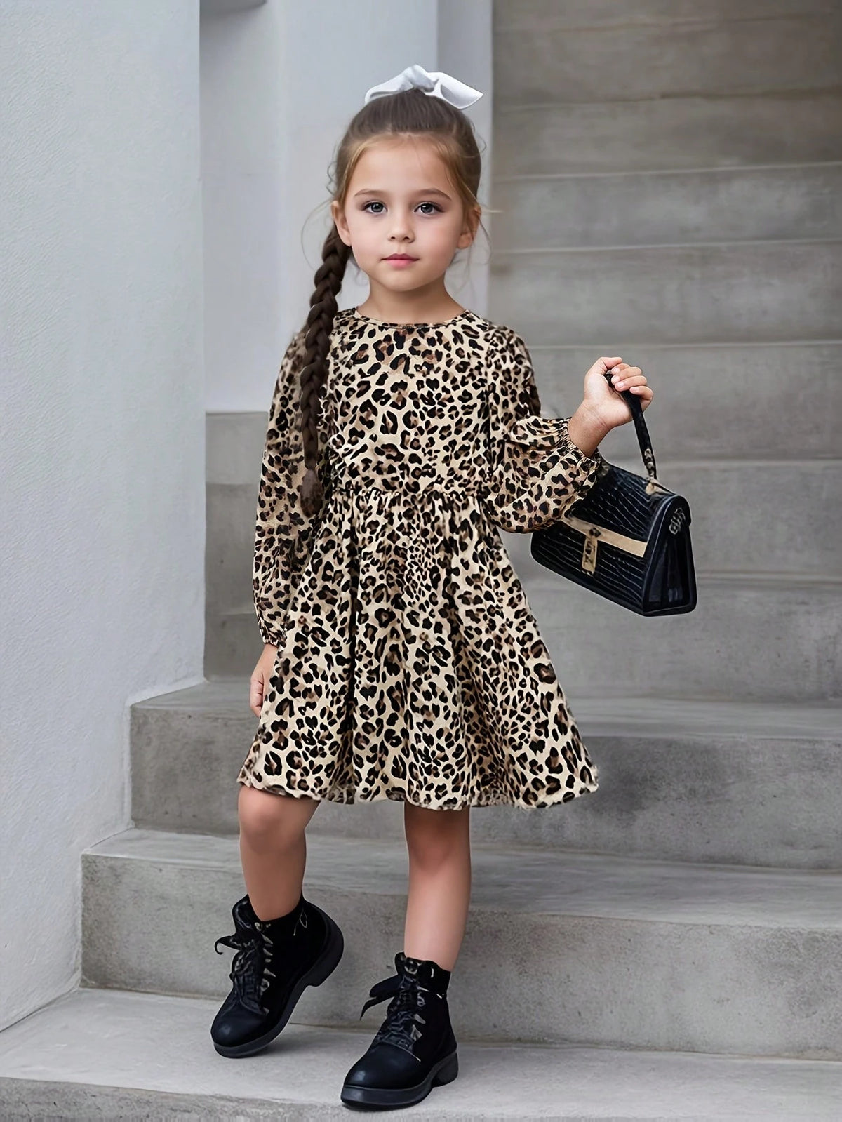 Girls Leopard Print Casual Dress With Cute Bow Decor At Back